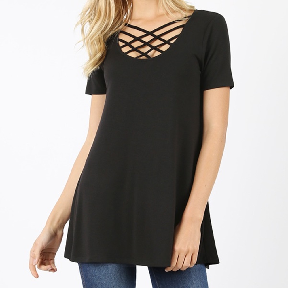 Zenana Triple Lattice Criss Cross Shirt